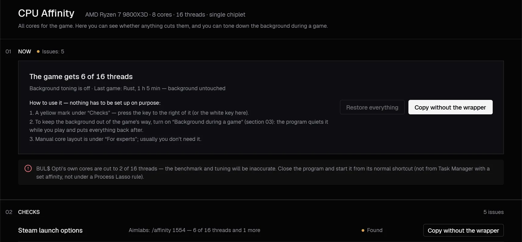 The Affinity tab with issues