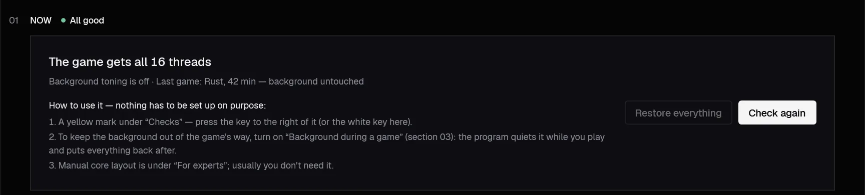 The NOW block on the Affinity tab: all good