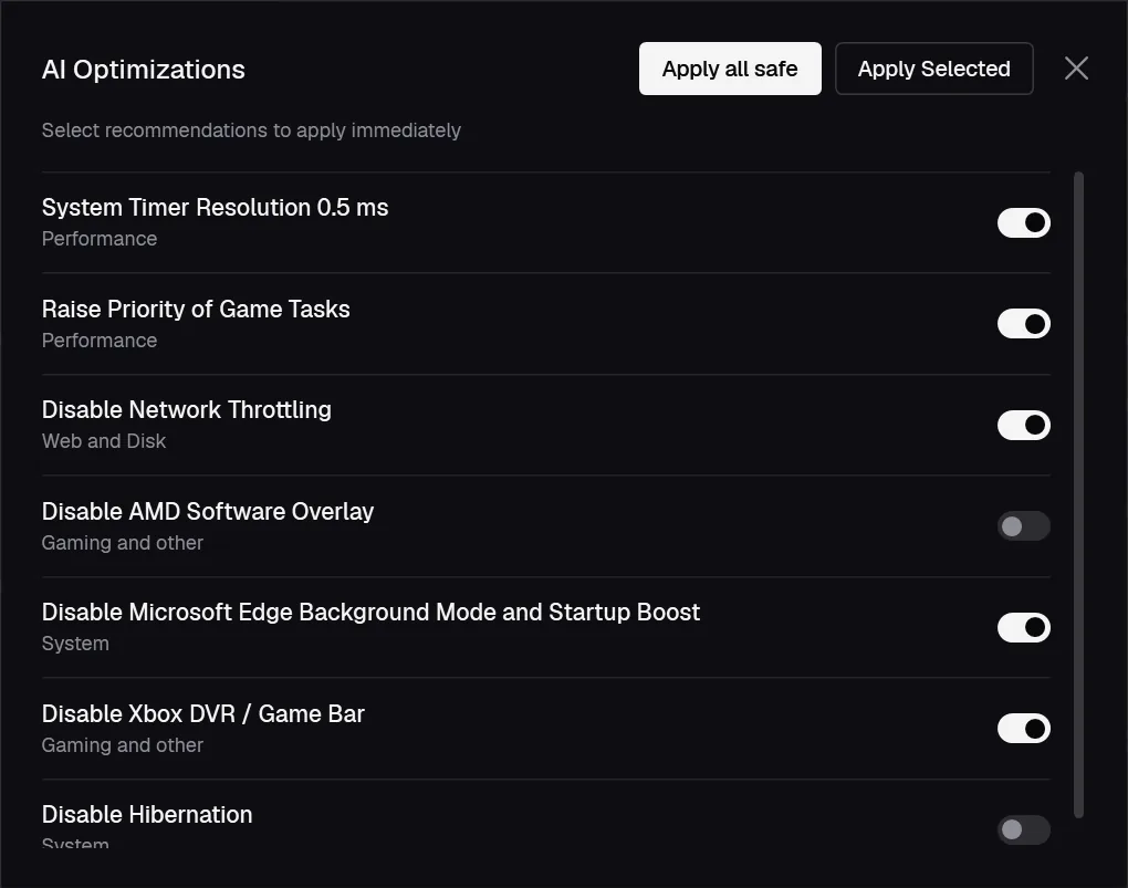 AI Optimizations window with a list of tweaks