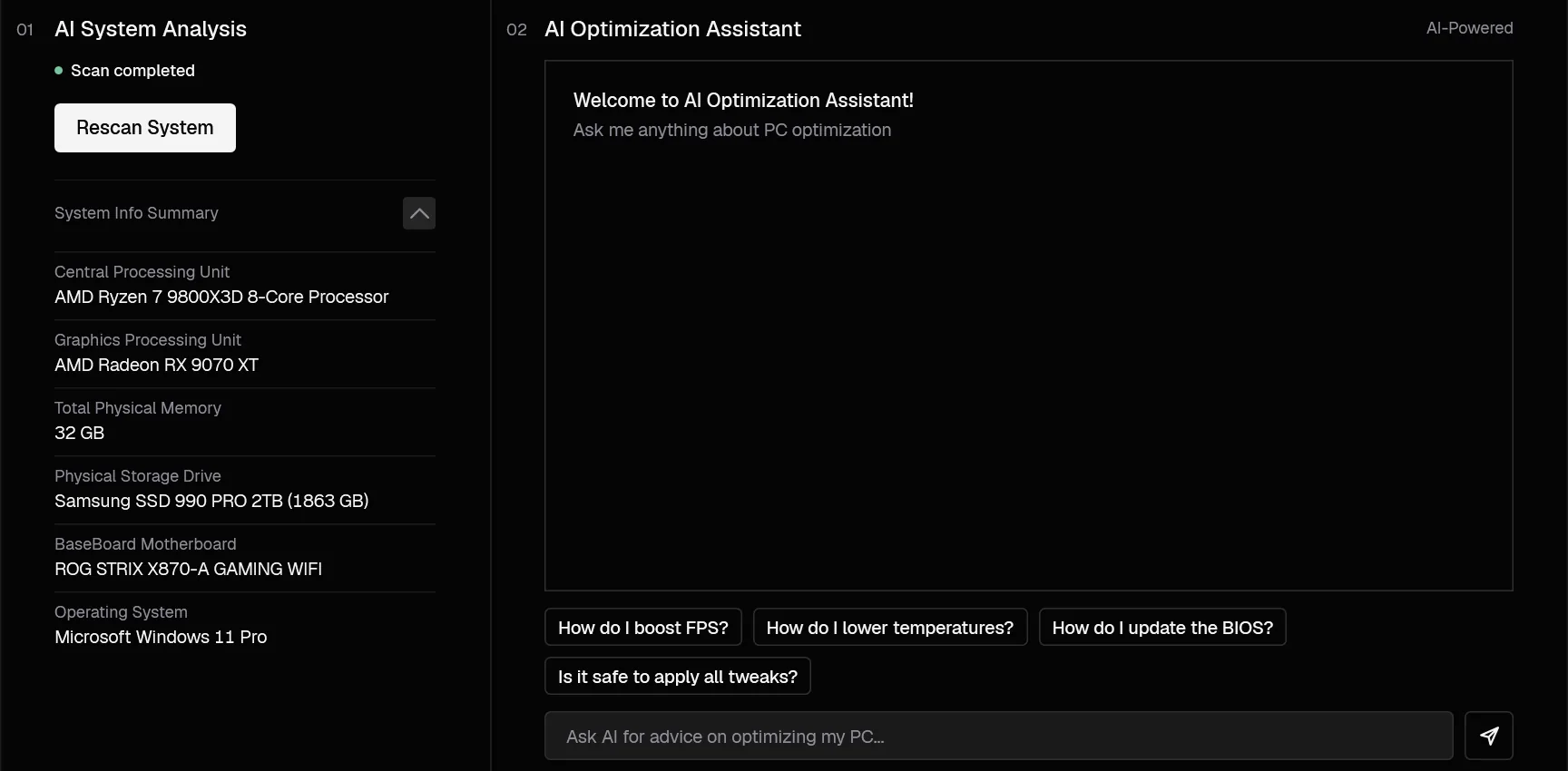 AI Optimization tab after a scan