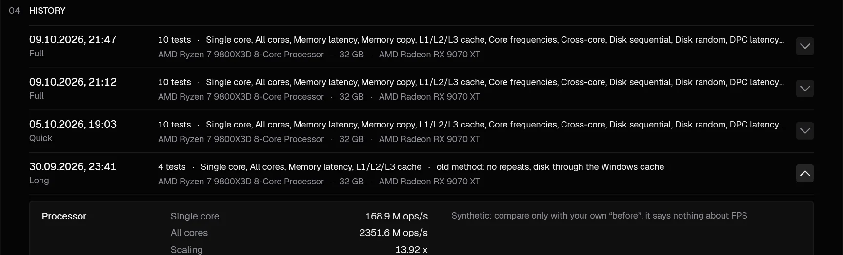 Run history on the Benchmark tab