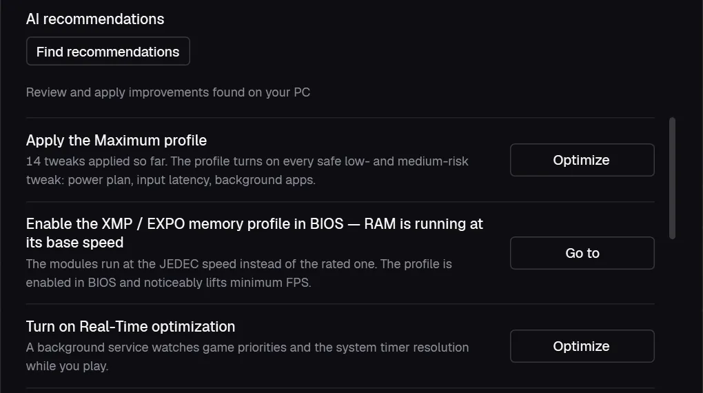 The AI recommendations part of the Optimization Suggestions window