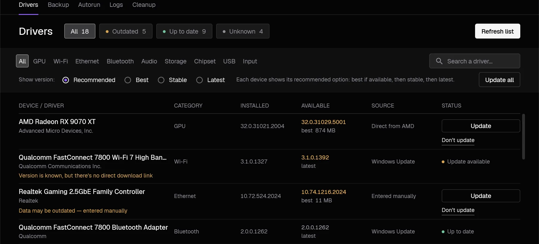 Drivers section on the Utilities tab