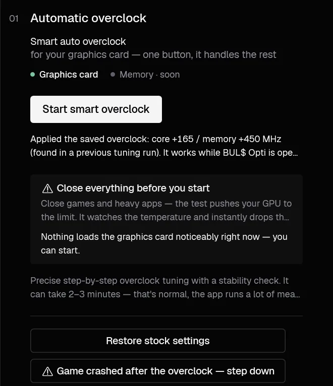 Graphics card section with the saved overclock applied