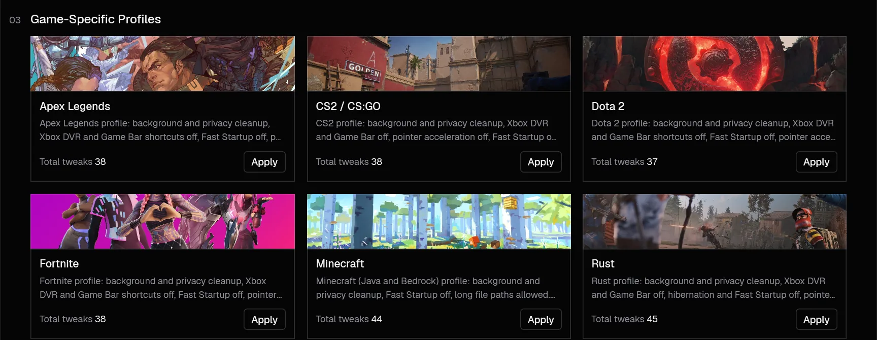 Game-specific profiles on the Profiles tab