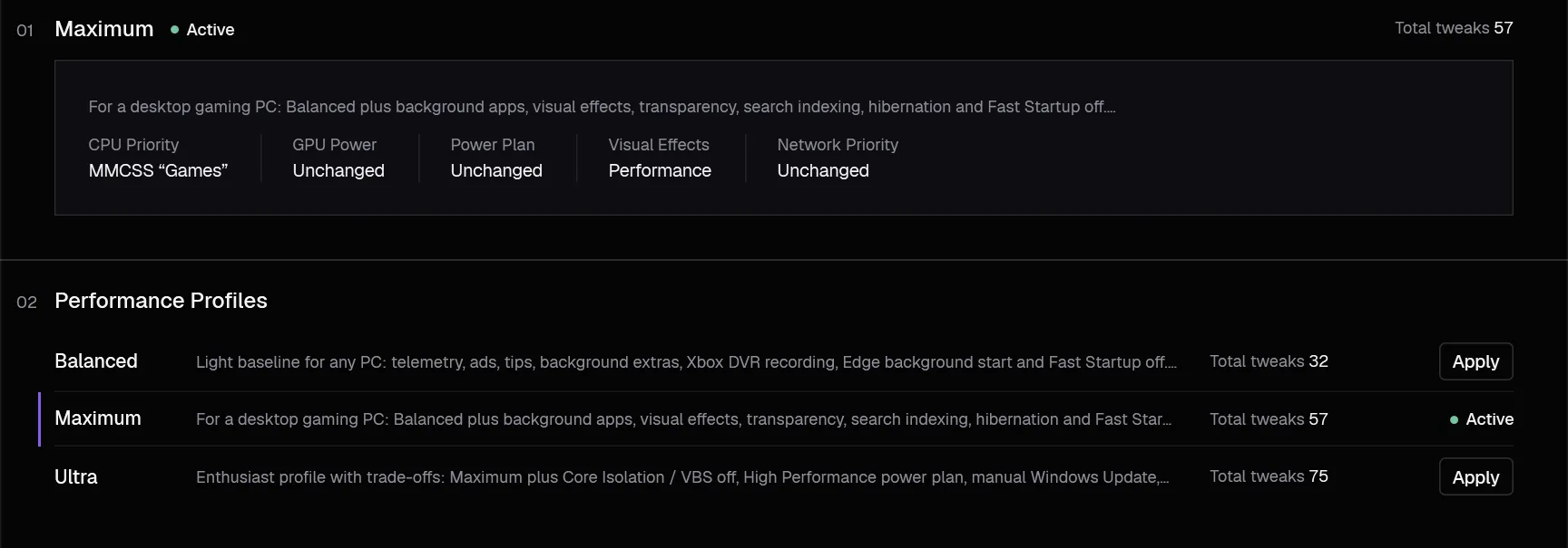 Profiles tab: the active profile and the performance profiles