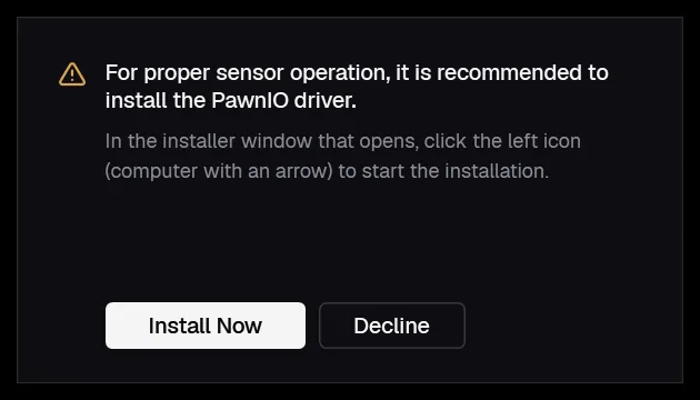 Window offering to install the PawnIO driver