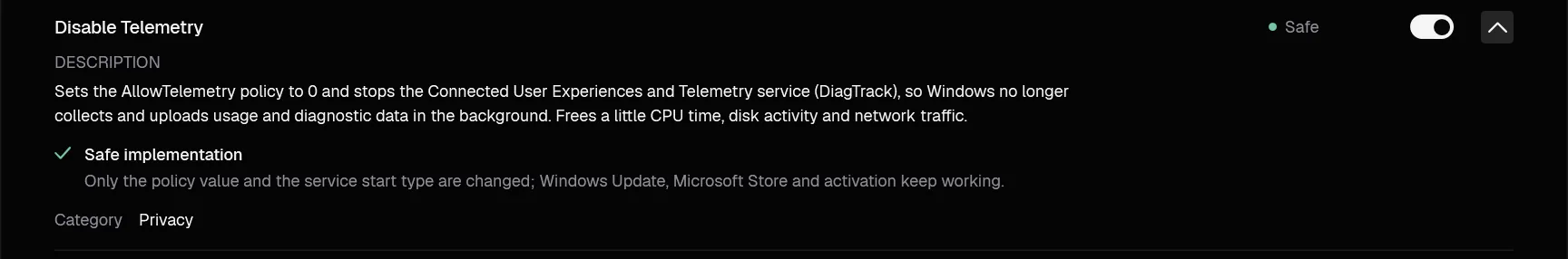A tweak description opened