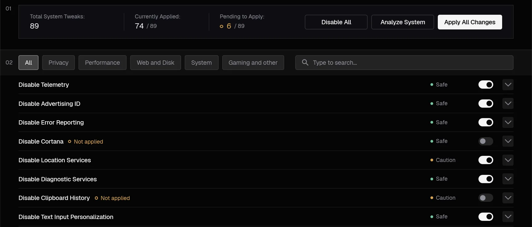 Tweaks tab with changes not applied yet