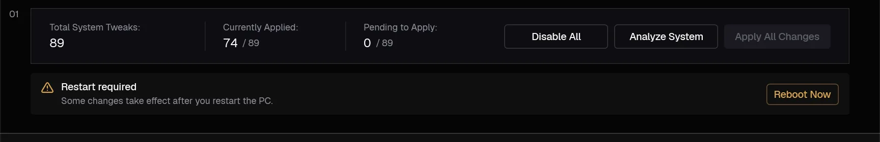 The Restart required banner on the Tweaks tab
