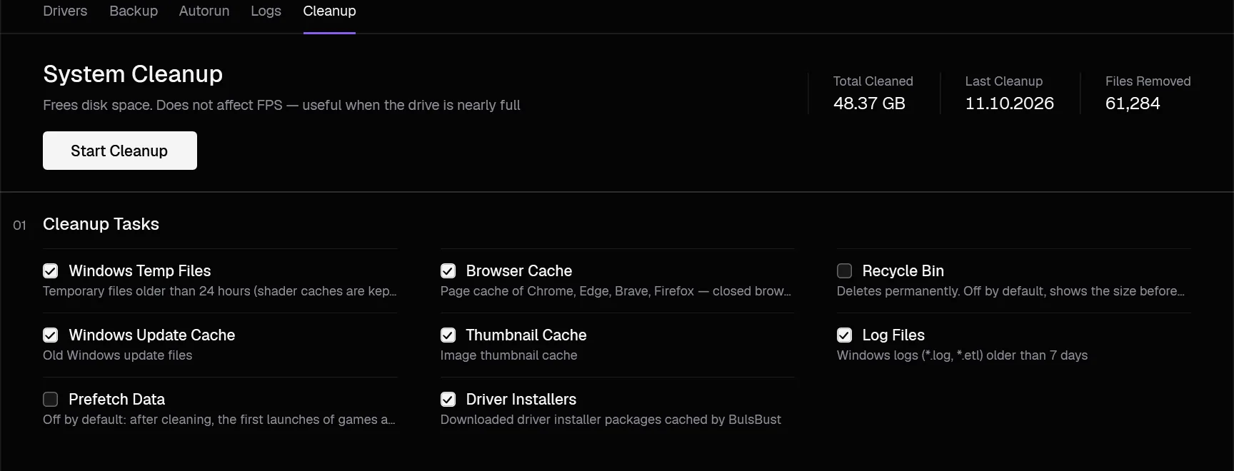 Utilities tab, Cleanup section