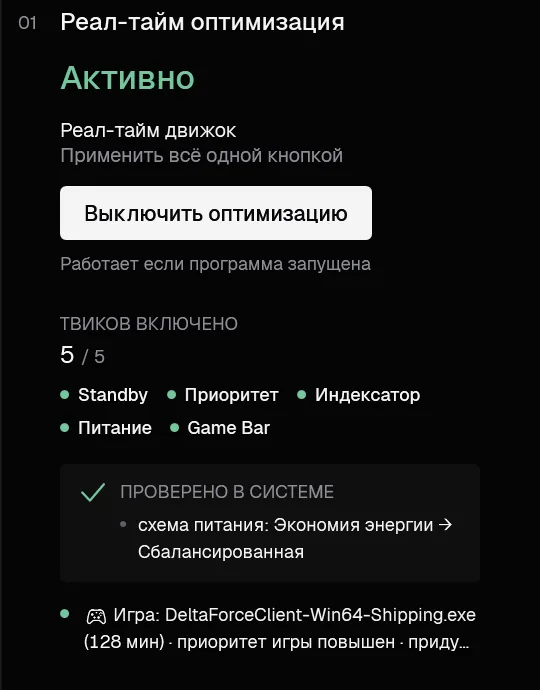 Реал-тайм оптимизация включена, игра найдена